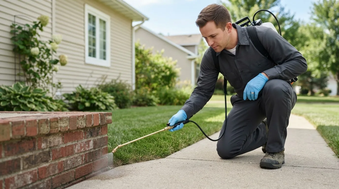 Pest control technician treating a home near Waveland, IN