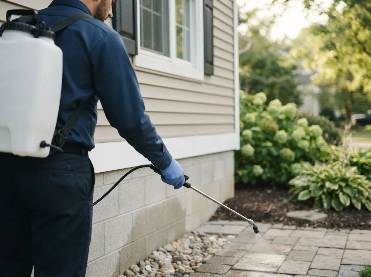 Pest control technician inspecting a home in Waveland, IN